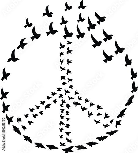 Bird flock forming peace symbol with wind turbine shape representing harmony between renewable energy nature conservation sustainability and clean environmentally friendly future