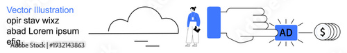 Digital marketing, online advertising, cloud technology, revenue generation, business strategy, web services. Minimalist design showing cloud, person hand pressing ad button linked to money. Digital