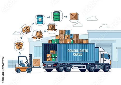 Logistics and supply chain management involving cargo loading and unloading with a forklift and truck
