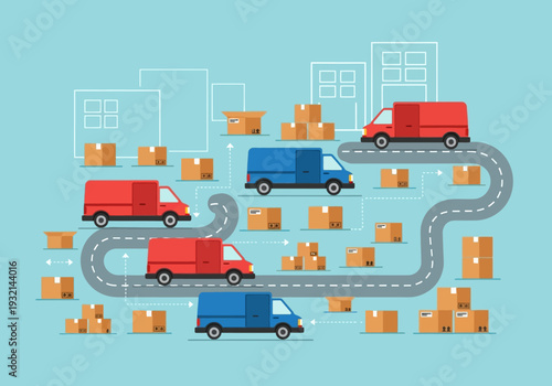 Logistics and delivery network illustrated with trucks and packages, symbolizing efficient distribution and supply chain management