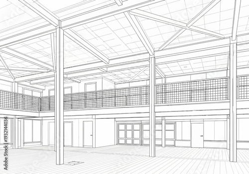 Architectural sketch of a modern indoor atrium with a multi-level mezzanine and large glass doors