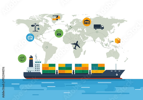 Global logistics and shipping network illustrated with a cargo ship sailing on the ocean with a world map and icons representing different modes of transport
