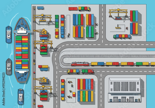 Aerial view of a busy shipping port with cargo ships, trains, and cranes loading containers, illustrating global logistics and international trade operations