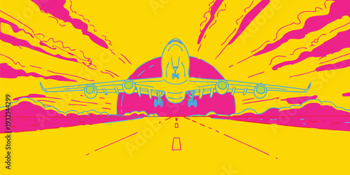 Vibrant pop art style illustration of an airplane landing on a colorful runway with bold colors