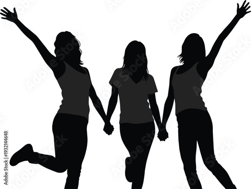 Silhouette of three happy young women holding hands jumping and celebrating together representing friendship sisterhood success freedom and female empowerment,