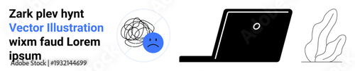 Mental health, technology usage, workplace stress, remote work, digital communication, emotional wellbeing. Abstract sad face next to a laptop and plant outline. Mental health and workplace stress