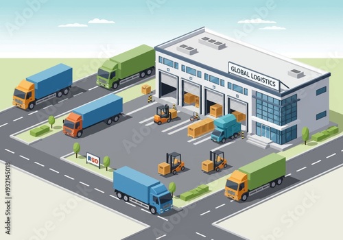Global Logistics and Transportation Hub A Busy Distribution Center with Trucks and Forklifts