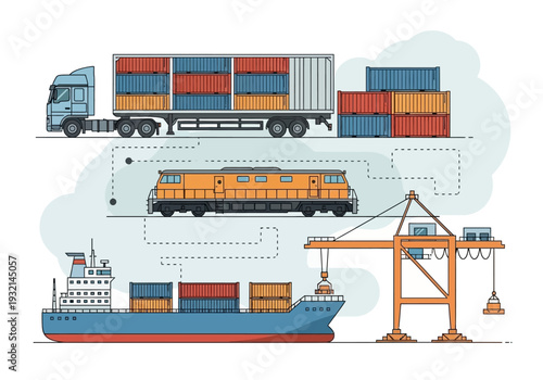 Global logistics and transportation of goods via ship, train, and truck