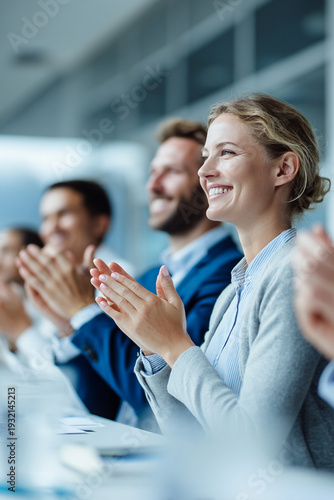 Business Success Celebration: Diverse Team's Applause and Motivation at Corporate Conference