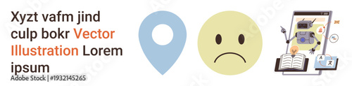 Navigation, emotions, technology, e-learning, innovation, artificial intelligence. A location pin, sad face emotion and a robot exploring books on a tablet. Navigation and emotions in technological