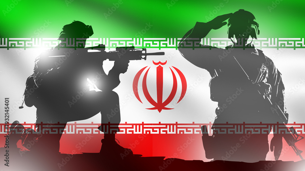 Obraz premium Military, Armed forces. Silhouettes of soldiers with rifles against the Iran flag, one aiming and another saluting, symbolizing national defense, security forces, and military power.