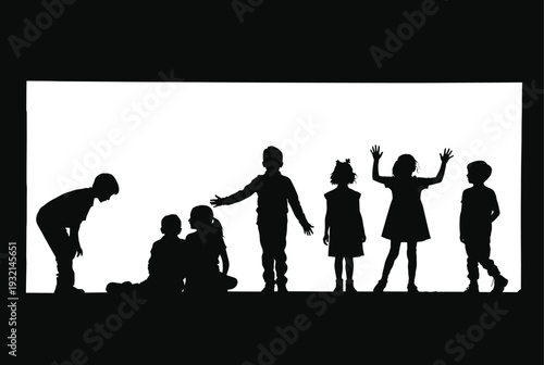 Silhouettes of a diverse group of children playing and interacting together representing childhood friendship growth youth development and community spirit,