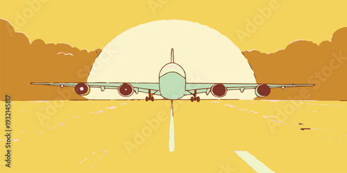Stylized illustration of a commercial airplane on an airport runway during a warm golden sunset