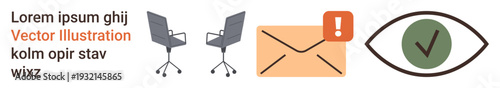 Communication, workspaces, message alerts, task approval, notifications, productivity. Two office chairs, an envelope with a notification and an eye with a checkmark. Communication and task approval