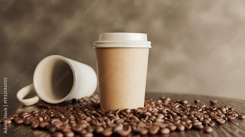 Naklejka premium Coffee cup, roasted beans, rustic table
