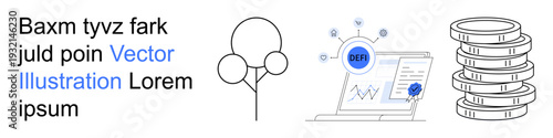 Financial services, fintech, data insights, investments, eco-consciousness, digital economy. Tree, data graph secure document seal stacked coins. Financial services and fintech