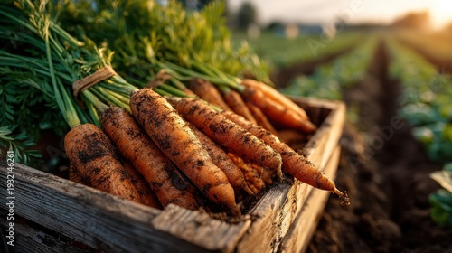 Freshly Harvested Organic Carrots in Crate at Sunset Farm Field generated by AI