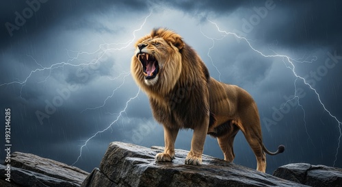 Majestic Lion Roars on Rocky Outcrop Under Dramatic Stormy Sky.