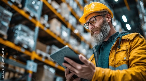 Worker in Hard Hat Operating Tablet in Industrial Storage generated by AI