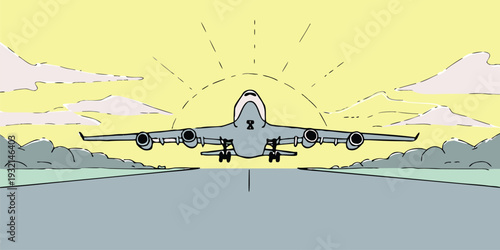 Stylized cartoon illustration of a jet plane taking off from a runway into a yellow sky