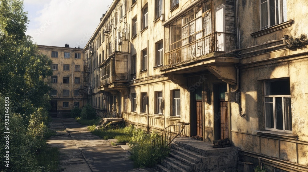 Obraz premium Abandoned Soviet-Era Apartment Building Courtyard