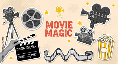 Cinematic movie magic unfolds with cameras, clapboard, and filmstrip amidst stars and popcorn