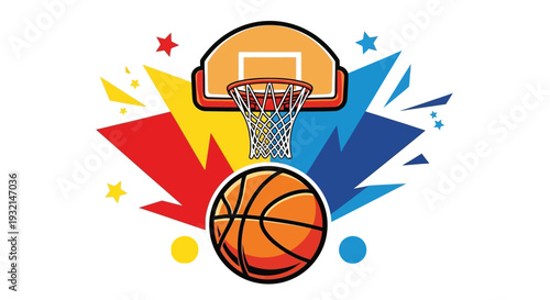 Basketball going through the hoop with dynamic colorful splash effects around it viewed from the front