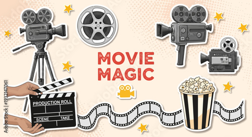 Movie Night Delight with Clapperboard, Cameras, Filmstrip, Popcorn, and Magic at the Cinema