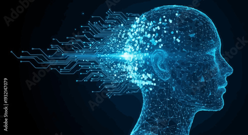 Digital representation of a human head in profile with futuristic neural connections and data streams emanating from the brain, set against a dark background.