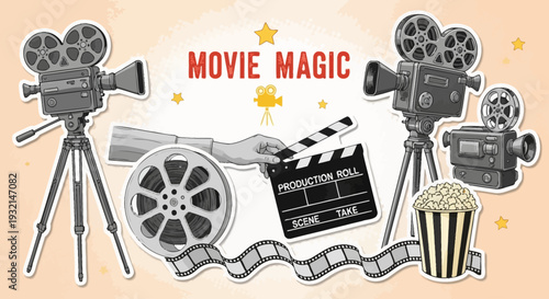 Cinematic film production equipment and clapboard on a creative workspace with camera and popcorn