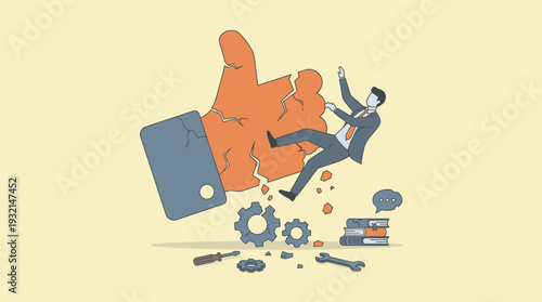 Businessman Falling from a Shattered Thumbs Up Icon Symbolizing Bad Reviews, Negative Feedback, Business Failure, Reputation Crisis, and Neglect of Quality Standards in a Modern Corporate World.