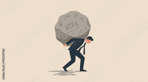 Businessman Carrying a Huge Heavy Stone with Debt Tax and Loan Symbols on His Back, Representing Financial Burden, Stress, and Economic Pressure in a Minimalist Vector Illustration Style