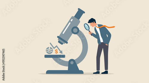 Businessman Analyzing Global Economic Crisis and Dollar Devaluation Under a Microscope, Financial Expert Examining Market Recession, Inflation, and Stock Market Crash Flat Vector Illustration