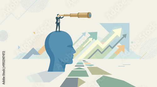 Business vision concept with a professional businessman looking for future opportunities through a spyglass while standing on top of a giant human head, symbolizing growth, leadership and success.