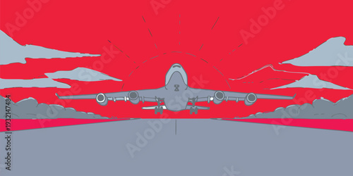 Minimalist graphic art of an aircraft preparing for takeoff against a dramatic fiery red sky