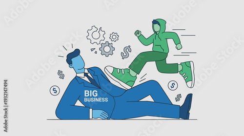 Big business corporate giant being trampled by a fast and agile competitor in a hoodie, representing market disruption, startup innovation, and the fall of traditional industry giants.