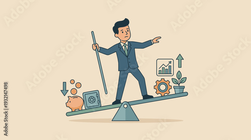 Businessman Balancing Between Savings and Investments on a Seesaw, Financial Management Concept with Piggy Bank, Safe, Growth Chart, and Gear Icons, Simple Flat Vector Illustration for Business.