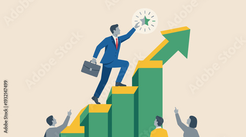 Professional businessman climbing up a green bar chart arrow to reach a shining star, symbolizing career advancement, leadership, success, financial growth, and corporate ambition concept.