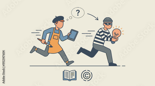 Creative Artist Chasing a Thief Stealing a Glowing Lightbulb Representing an Idea. Concept of Intellectual Property Theft, Plagiarism, Copyright Infringement, and Protecting Original Work.