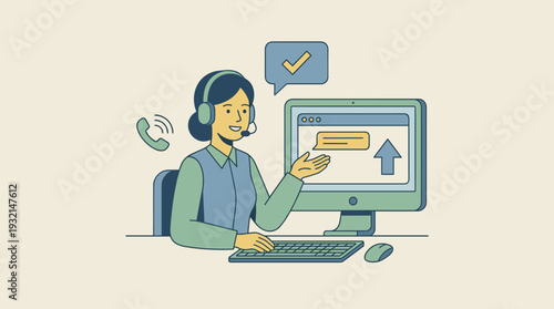 Customer Support Concept with Female Operator Wearing Headset Providing Live Feedback and Online Assistance at a Computer Desk, Hotline Service Representative Advising Client via Chat and Phone.