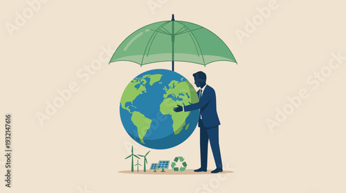 Businessman Protecting Earth Globe with Green Umbrella, Featuring Sustainable Energy Icons like Wind Turbines, Solar Panels, and Recycling Symbol for Environmental Conservation and Global CSR.