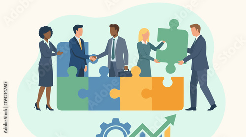 Business team building and management concept with diverse professionals connecting jigsaw puzzle pieces, representing collaboration, partnership, corporate strategy, and collective success.