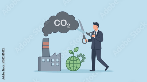 Businessman Cutting CO2 Cloud with Scissors to Reduce Carbon Footprint and Industrial Pollution, Concept for Global Warming Mitigation, Sustainable Green Energy, and Environmental Protection Plan