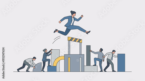 Businesswoman Jumping Over Hurdle and Obstacles to Reach Success While Colleagues Struggle with Barriers, Concept of Leadership, Career Growth, Professional Achievement, and Motivation Illustration