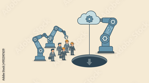 Industrial Automation and Artificial Intelligence Replacing Human Workers Concept Illustration with Robotic Arms Pushing Employees into a Hole Representing Job Loss, Unemployment, and Future Risk