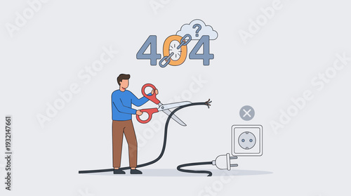 Man Cutting Electric Wire with Scissors, 404 Error Page Not Found Concept, Disconnected Plug and Socket, Broken Link and Internet Connection Problem, Vector Illustration for Website Design.