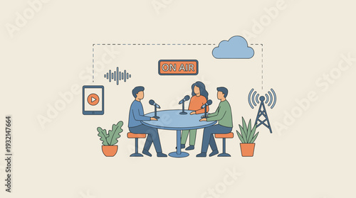 Podcast Broadcasting Concept with People Sitting at a Table with Microphones in a Studio. Modern Public Interview and Online Reporting with Audio Equipment. Simple Flat Vector Illustration.