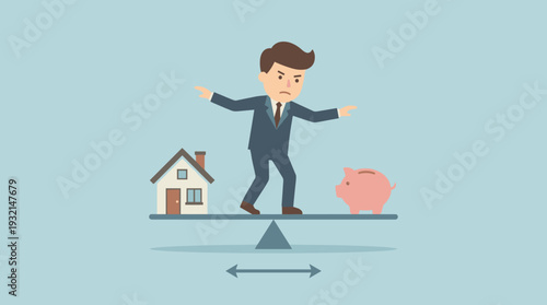 Businessman balancing a house and a piggy bank on a seesaw, representing financial planning, mortgage management, property investment, and the challenge of saving for a home or real estate.