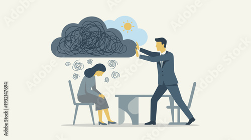 Psychological Therapy Session Concept with a Therapist Helping a Woman Fight Stress, Depression, and Emotional Burnout, Pushing Away Dark Clouds of Anxiety to Reveal Hope and Mental Wellness.
