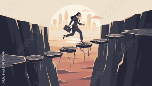 Businesswoman stepping across floating rocks over a deep chasm to reach a city skyline, symbolizing overcoming obstacles, career growth, determination, risk-taking, and the path to success.